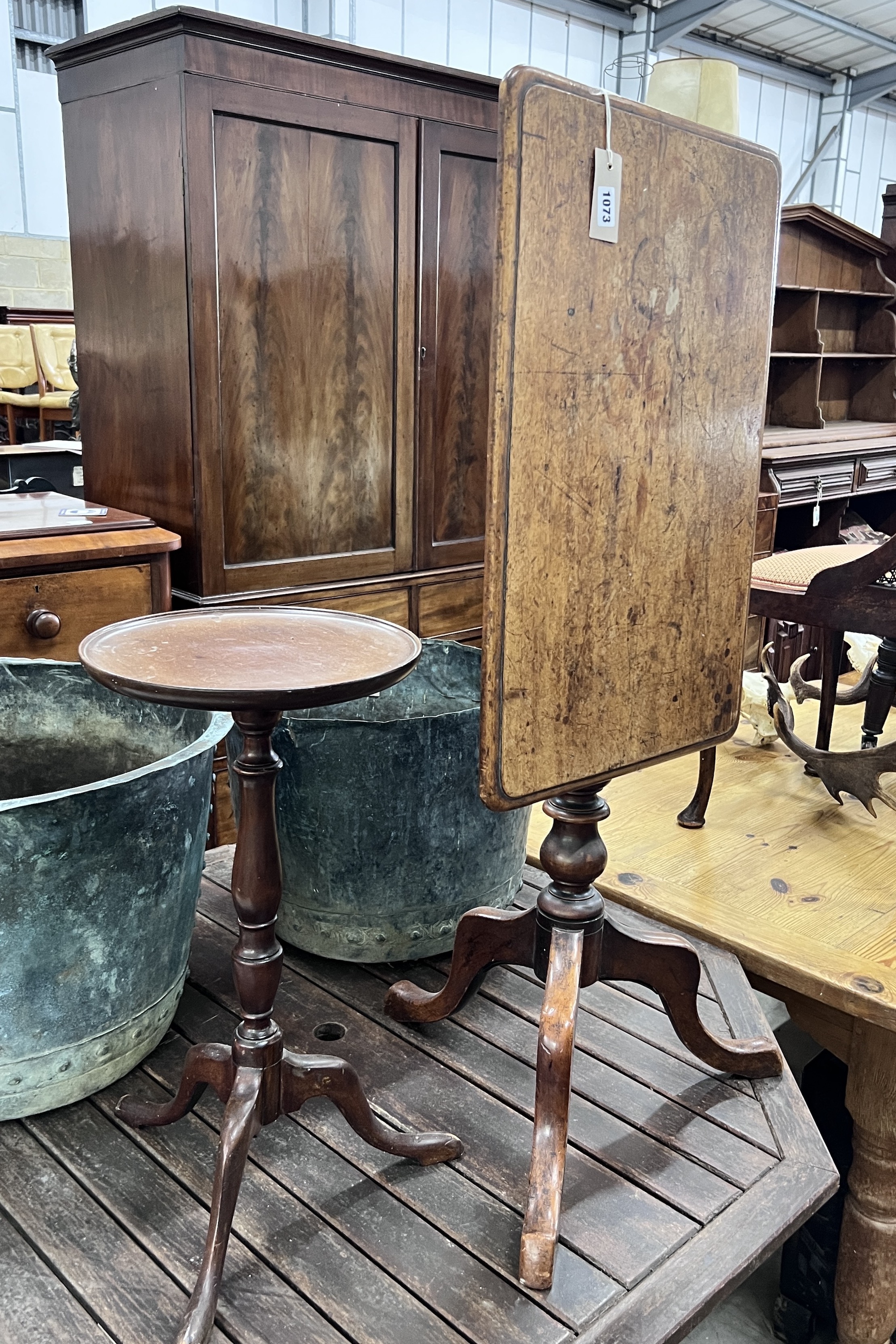 A Victorian rectangular mahogany tilt top wine table, width 40cm, depth 60cm, height 70cm, together with a later mahogany tripod wine table